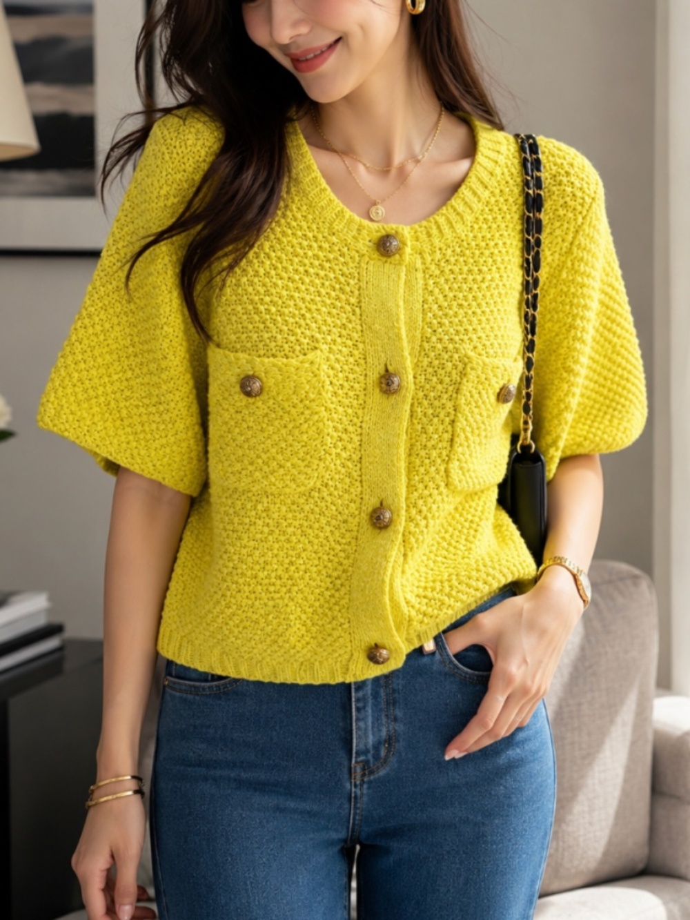 Aaron & Amber Women's Chunky Knit Short Sleeve Cardigan Sweater